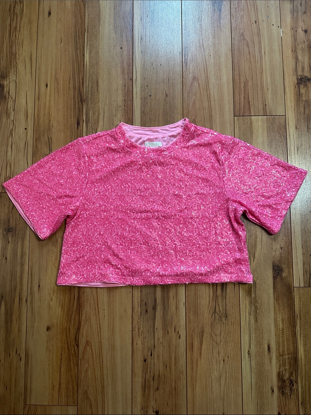 Pink Short-Sleeve Cropped Sequin Tee